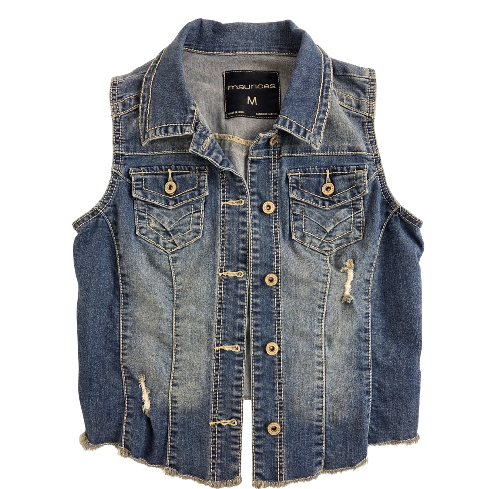 Maurices M Stretchy Crop Distressed Blue Denim Vest 2556-t